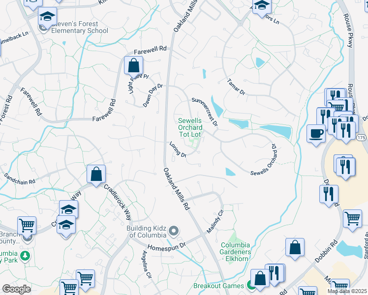 map of restaurants, bars, coffee shops, grocery stores, and more near 6321 Early Red Court in Columbia