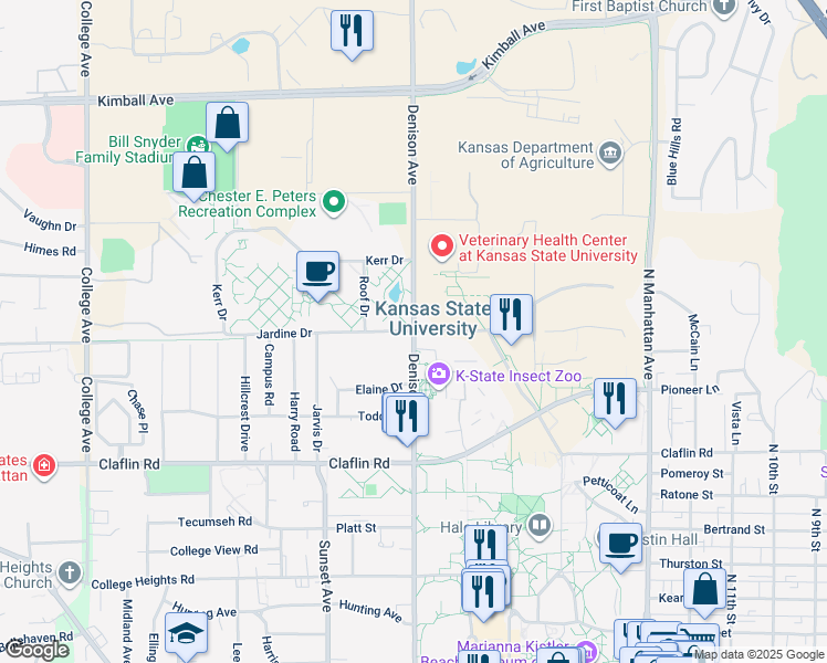 map of restaurants, bars, coffee shops, grocery stores, and more near Denison Ave & Jardine Dr in Manhattan