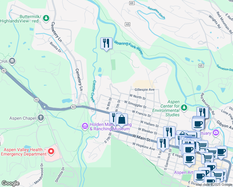 map of restaurants, bars, coffee shops, grocery stores, and more near 800 West Smuggler Street in Aspen