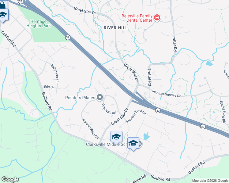 map of restaurants, bars, coffee shops, grocery stores, and more near 6409 Reedy Song Knoll in Clarksville