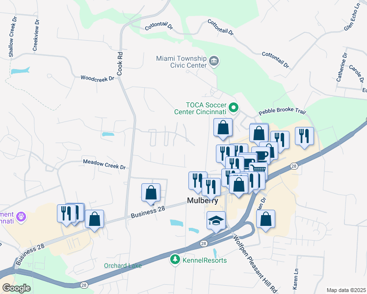 map of restaurants, bars, coffee shops, grocery stores, and more near 5760 Ashby Court in Milford