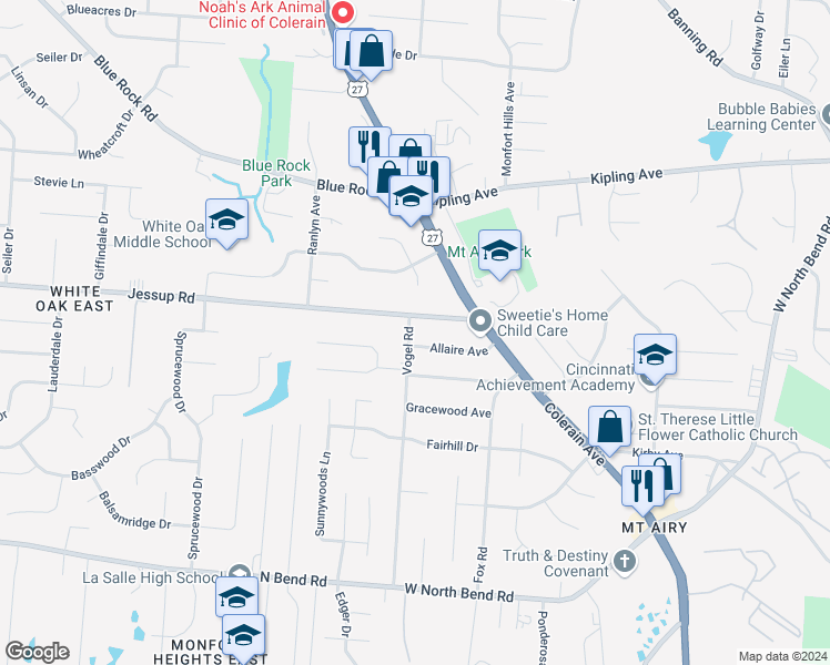 map of restaurants, bars, coffee shops, grocery stores, and more near 5675 Vogel Road in Cincinnati
