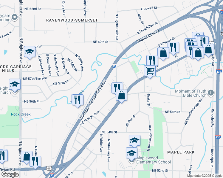 map of restaurants, bars, coffee shops, grocery stores, and more near 5 Northeast Munger Avenue in Kansas City