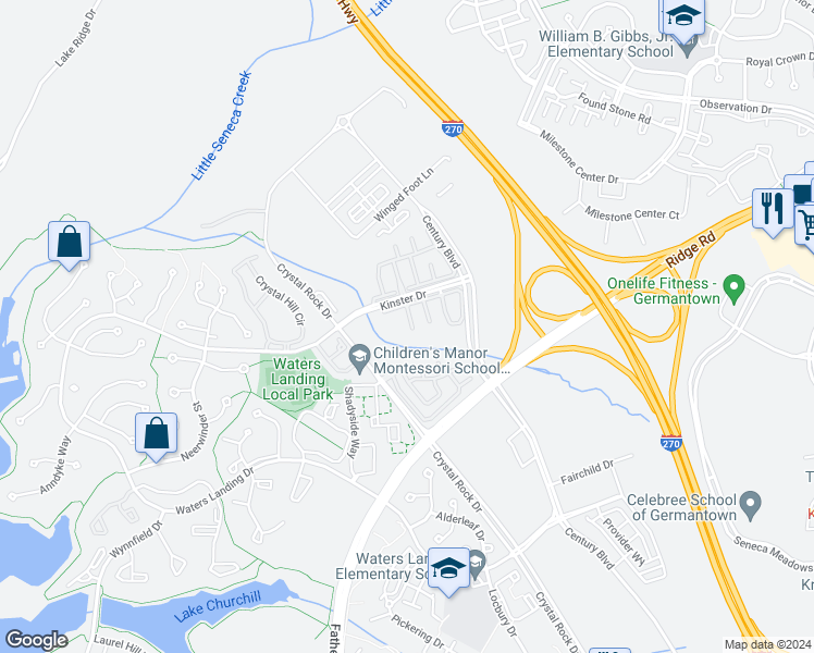 map of restaurants, bars, coffee shops, grocery stores, and more near 20802 Ireland Court in Germantown