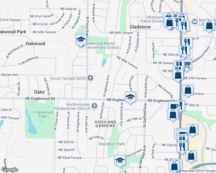 map of restaurants, bars, coffee shops, grocery stores, and more near 5613 North Highland Avenue in Gladstone