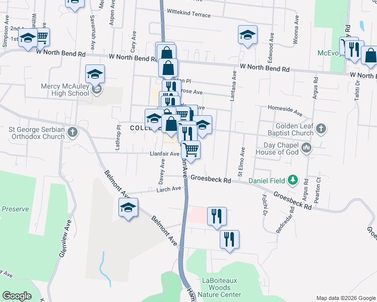 map of restaurants, bars, coffee shops, grocery stores, and more near 5800 Hamilton Avenue in Cincinnati