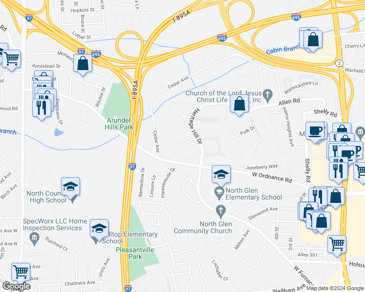 map of restaurants, bars, coffee shops, grocery stores, and more near 6404 Lacrosse Lane in Glen Burnie