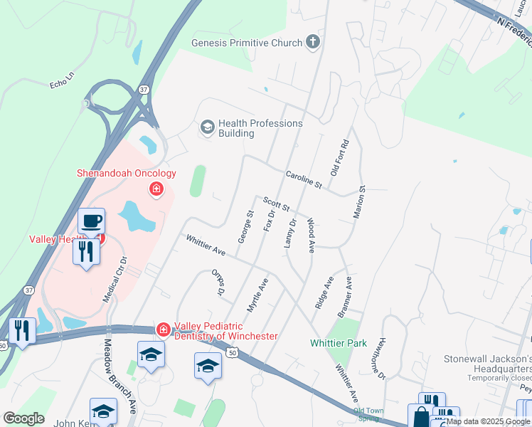 map of restaurants, bars, coffee shops, grocery stores, and more near 361 Fox Drive in Winchester