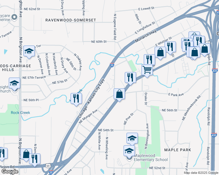 map of restaurants, bars, coffee shops, grocery stores, and more near 5700 North Eugene Field Road in Kansas City
