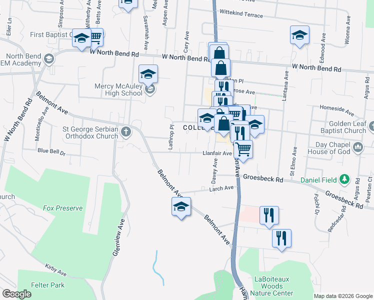 map of restaurants, bars, coffee shops, grocery stores, and more near 5758 Nahant Avenue in Cincinnati