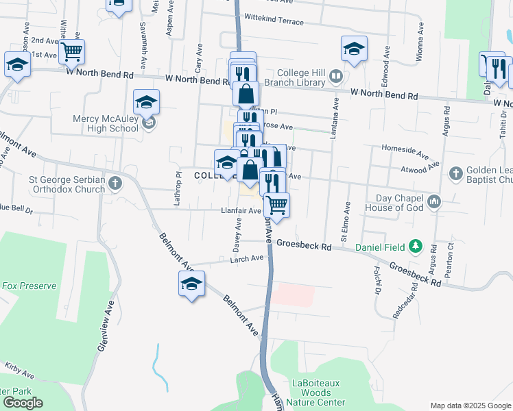 map of restaurants, bars, coffee shops, grocery stores, and more near 5801 Hamilton Avenue in Cincinnati