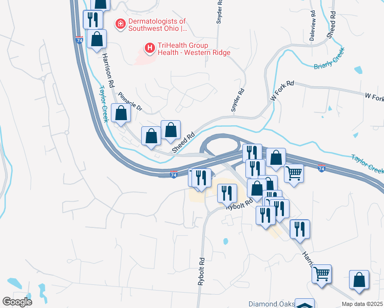 map of restaurants, bars, coffee shops, grocery stores, and more near 6712 Harrison Avenue in Cincinnati
