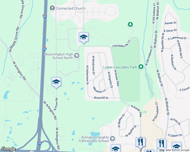 map of restaurants, bars, coffee shops, grocery stores, and more near 3321 N Windcrest Dr in Bloomington