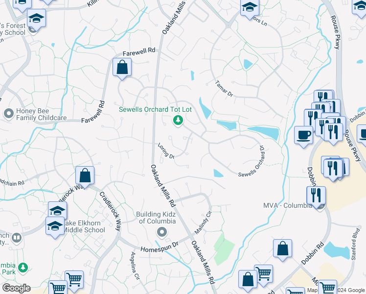 map of restaurants, bars, coffee shops, grocery stores, and more near 6304 Early Red Court in Columbia