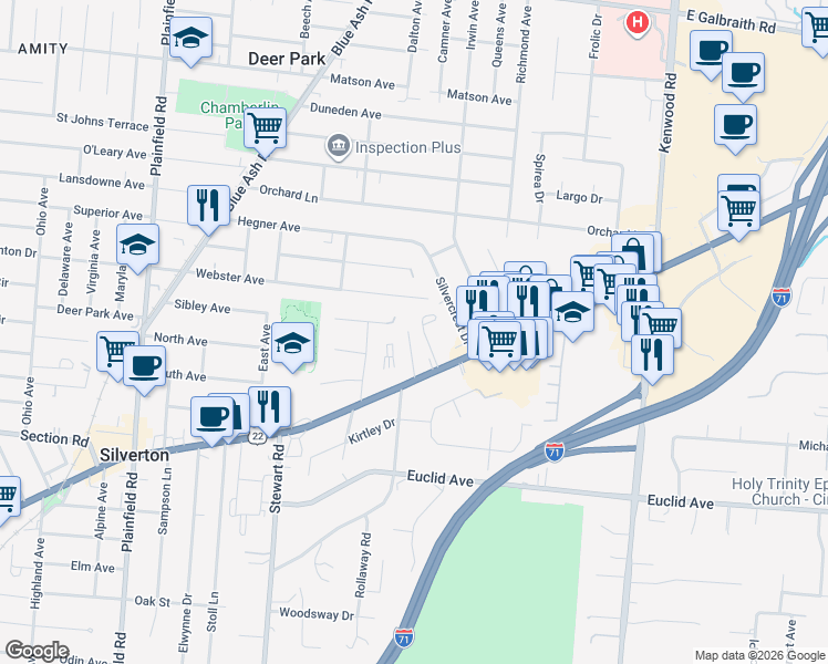 map of restaurants, bars, coffee shops, grocery stores, and more near 1 Kendale Court in Cincinnati