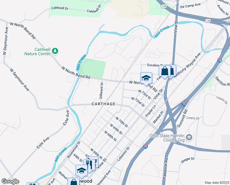map of restaurants, bars, coffee shops, grocery stores, and more near 7121 Van Kirk Avenue in Cincinnati