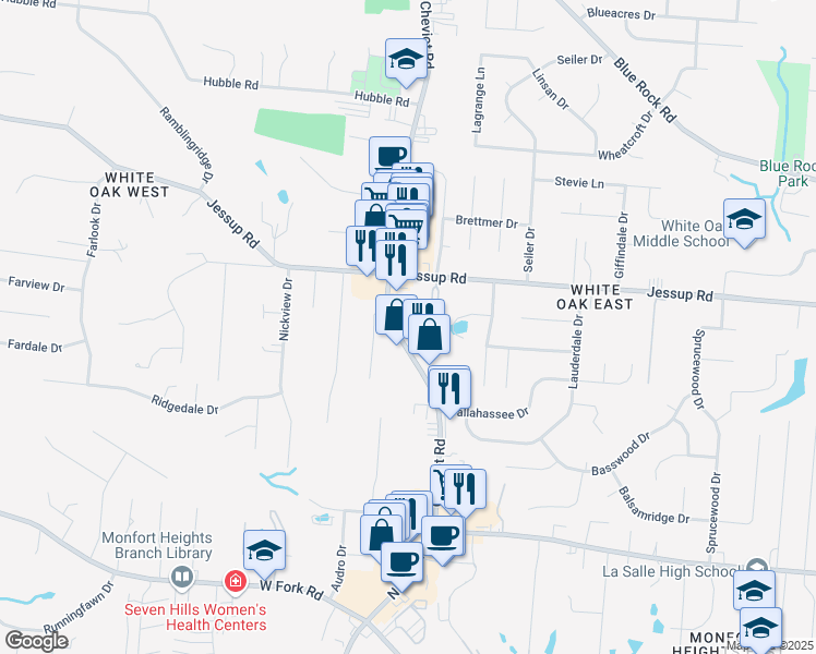 map of restaurants, bars, coffee shops, grocery stores, and more near 5710 Cheviot Road in Cincinnati