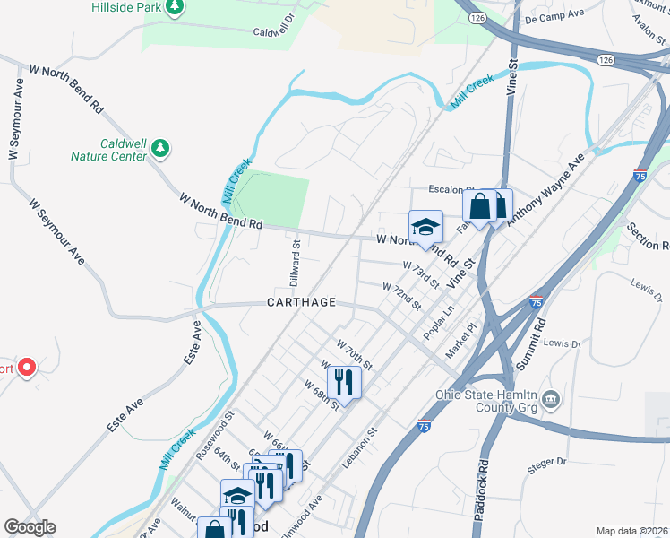 map of restaurants, bars, coffee shops, grocery stores, and more near 7121 Van Kirk Avenue in Cincinnati