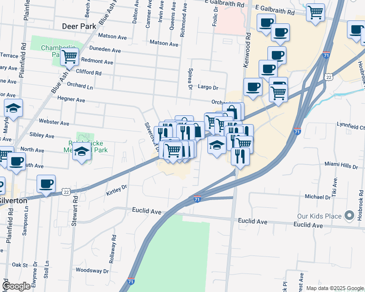 map of restaurants, bars, coffee shops, grocery stores, and more near 7739 Montgomery Road in Cincinnati