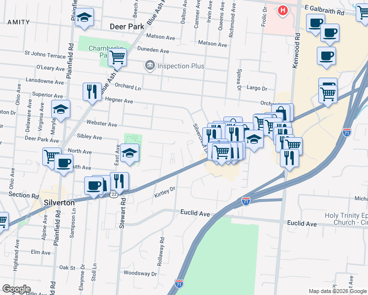map of restaurants, bars, coffee shops, grocery stores, and more near 1 Kendale Court in Cincinnati