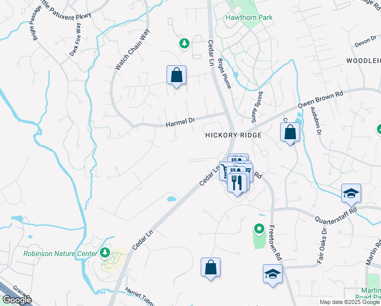 map of restaurants, bars, coffee shops, grocery stores, and more near 6336 Cedar Lane in Columbia