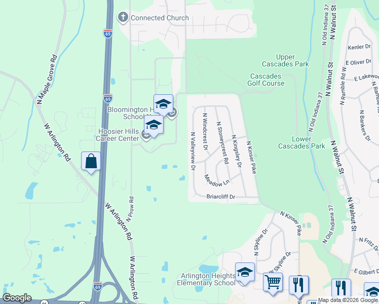 map of restaurants, bars, coffee shops, grocery stores, and more near 3301 North Valleyview Drive in Bloomington