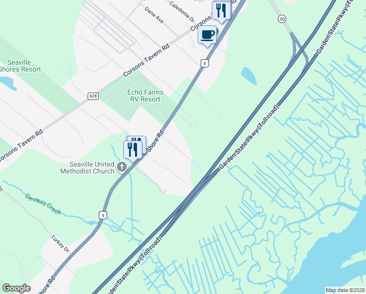map of restaurants, bars, coffee shops, grocery stores, and more near 11 Argoe Drive in Upper Township