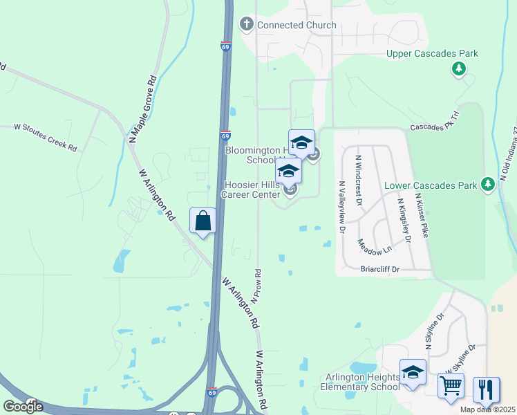 map of restaurants, bars, coffee shops, grocery stores, and more near 3070 North Prow Road in Bloomington