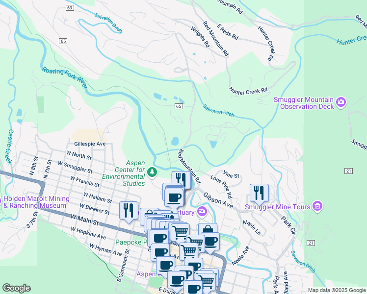 map of restaurants, bars, coffee shops, grocery stores, and more near 183 Red Mountain Road in Aspen