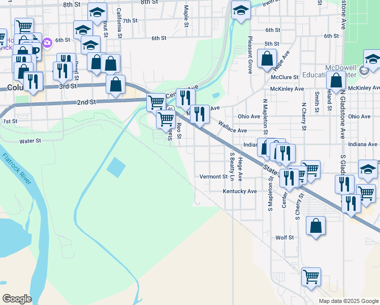 map of restaurants, bars, coffee shops, grocery stores, and more near 102 South Hinman Street in Columbus