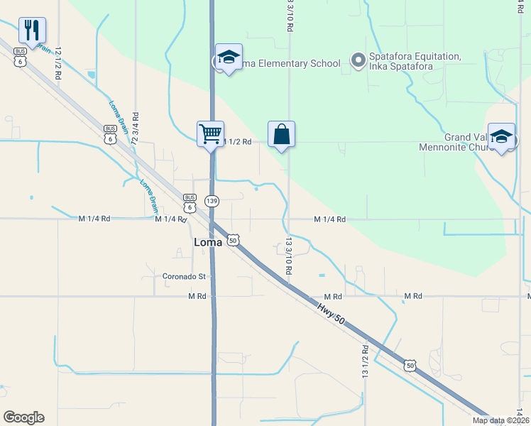 map of restaurants, bars, coffee shops, grocery stores, and more near 1315 M 1/4 Road in Loma