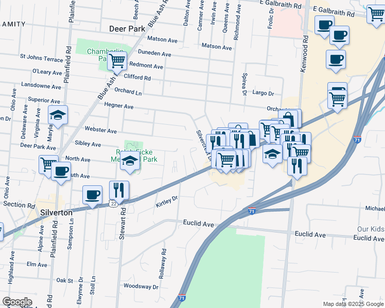 map of restaurants, bars, coffee shops, grocery stores, and more near 7643 Montgomery Road in Cincinnati