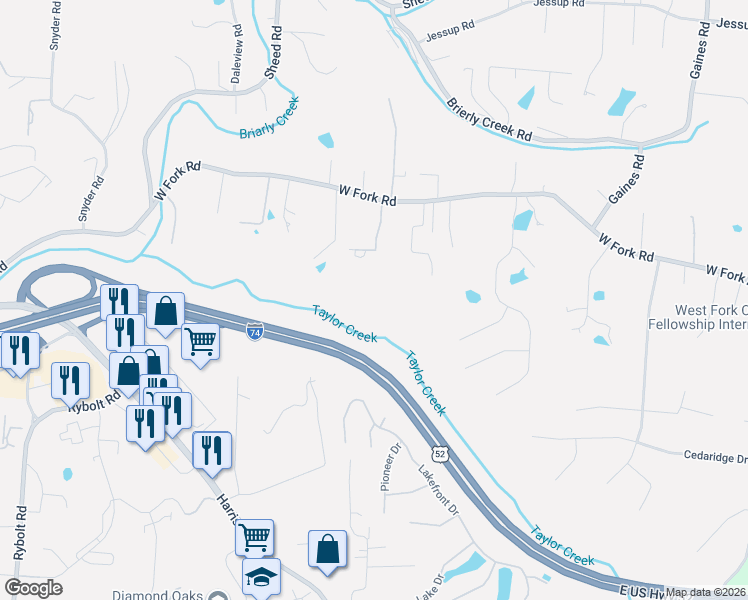 map of restaurants, bars, coffee shops, grocery stores, and more near Interstate 74 in Cincinnati