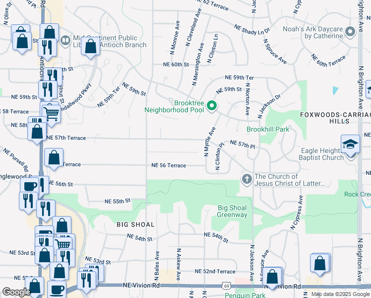 map of restaurants, bars, coffee shops, grocery stores, and more near 3700 Northeast 56 Terrace in Gladstone