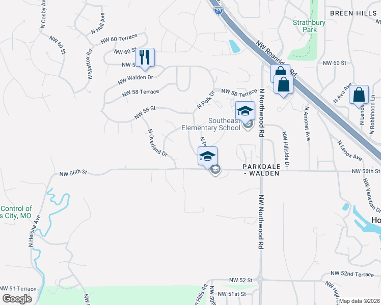 map of restaurants, bars, coffee shops, grocery stores, and more near 5605 North Overland Drive in Kansas City