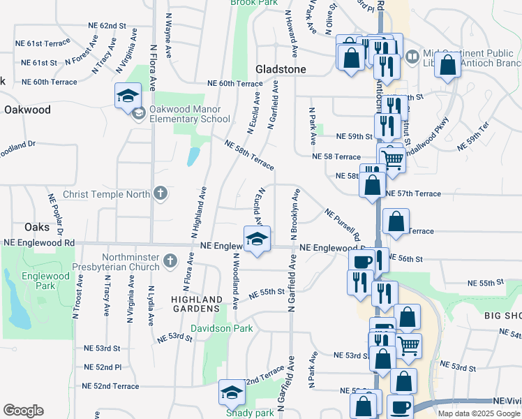 map of restaurants, bars, coffee shops, grocery stores, and more near 5615 North Euclid Avenue in Kansas City