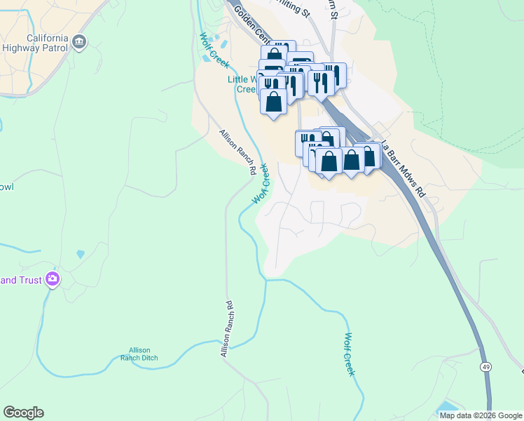 map of restaurants, bars, coffee shops, grocery stores, and more near 140 Buckingham Court in Grass Valley