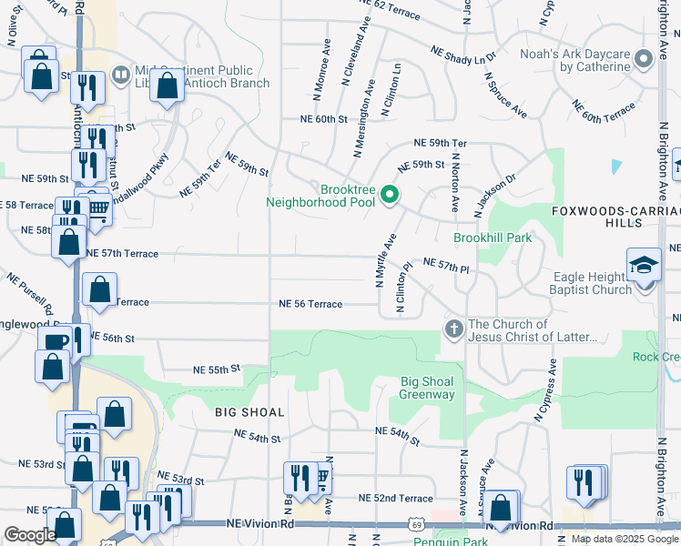 map of restaurants, bars, coffee shops, grocery stores, and more near 3700 Northeast 56 Terrace in Gladstone