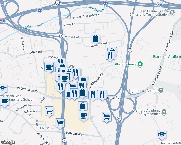 map of restaurants, bars, coffee shops, grocery stores, and more near 112 Water Fountain Way in Glen Burnie