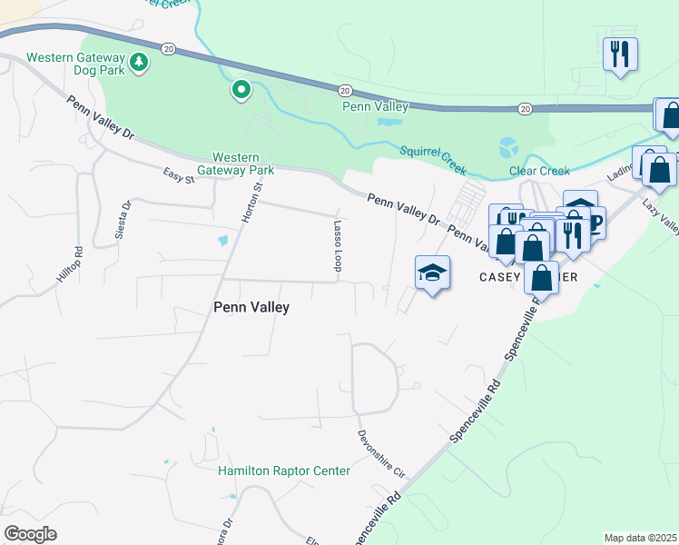 map of restaurants, bars, coffee shops, grocery stores, and more near 17880 Lasso Loop in Penn Valley