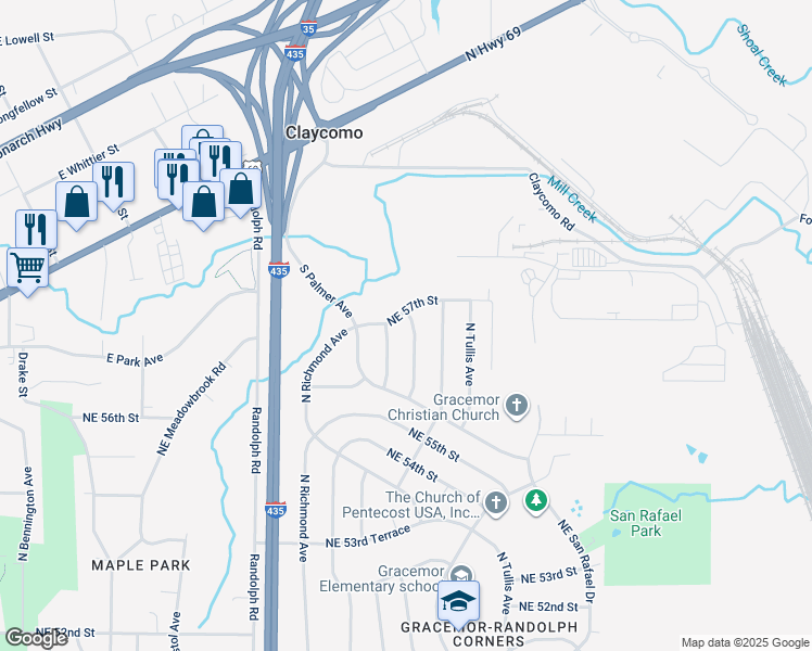 map of restaurants, bars, coffee shops, grocery stores, and more near 7812 Northeast 57th Street in Kansas City