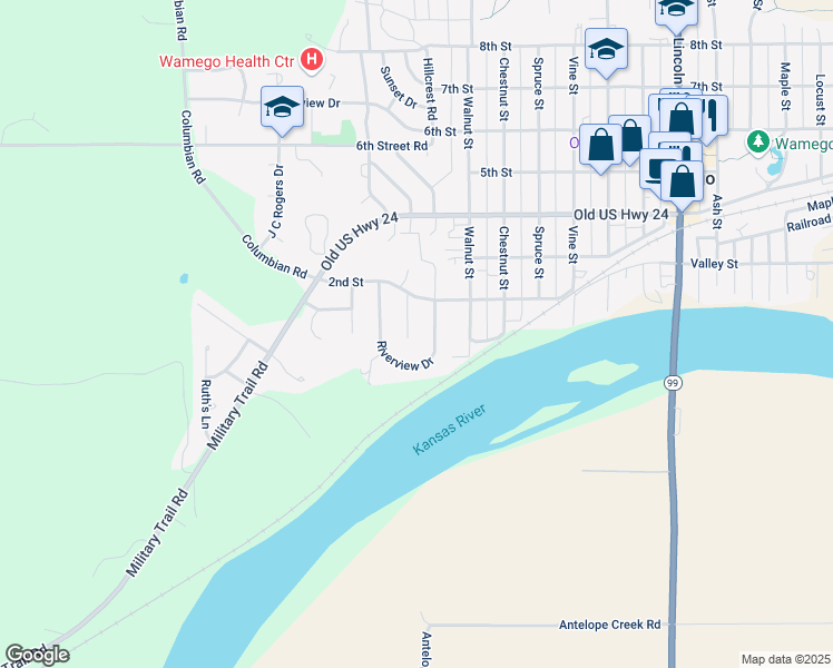 map of restaurants, bars, coffee shops, grocery stores, and more near 104 Wilson Circle in Wamego