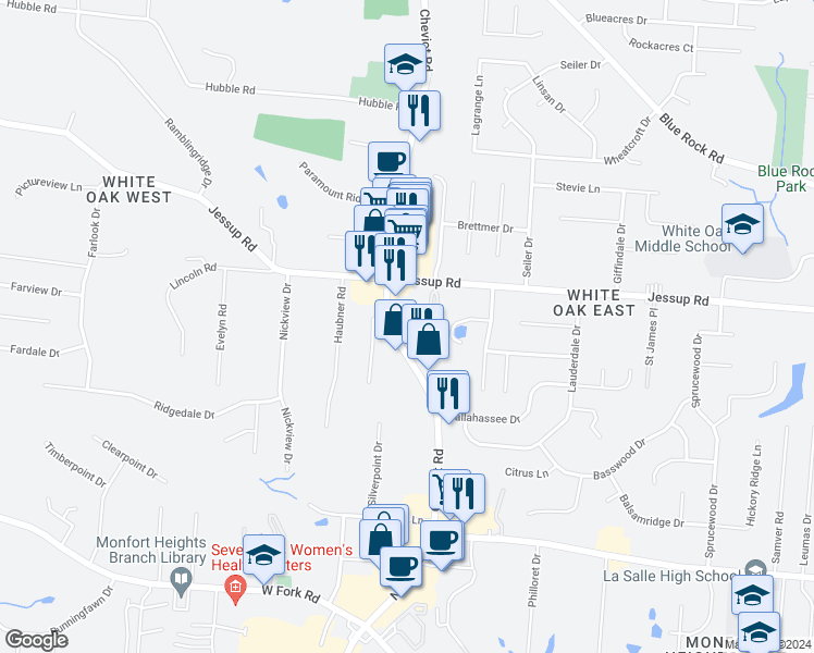 map of restaurants, bars, coffee shops, grocery stores, and more near 5740 Cheviot Road in Cincinnati