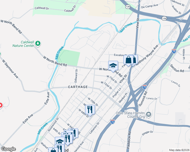 map of restaurants, bars, coffee shops, grocery stores, and more near 175 West North Bend Road in Cincinnati