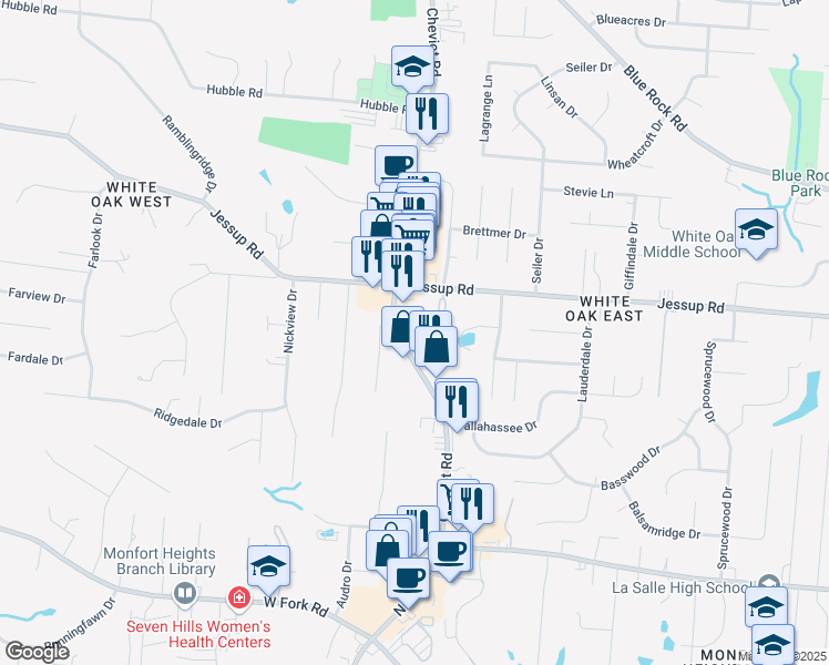 map of restaurants, bars, coffee shops, grocery stores, and more near 3557 Jessup Road in Cincinnati