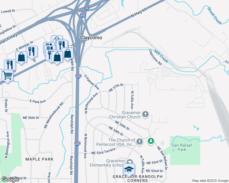 map of restaurants, bars, coffee shops, grocery stores, and more near 7812 Northeast 57th Street in Kansas City