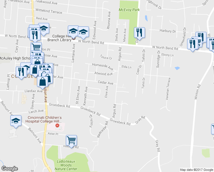 map of restaurants, bars, coffee shops, grocery stores, and more near 5836 Elsie Avenue in Cincinnati