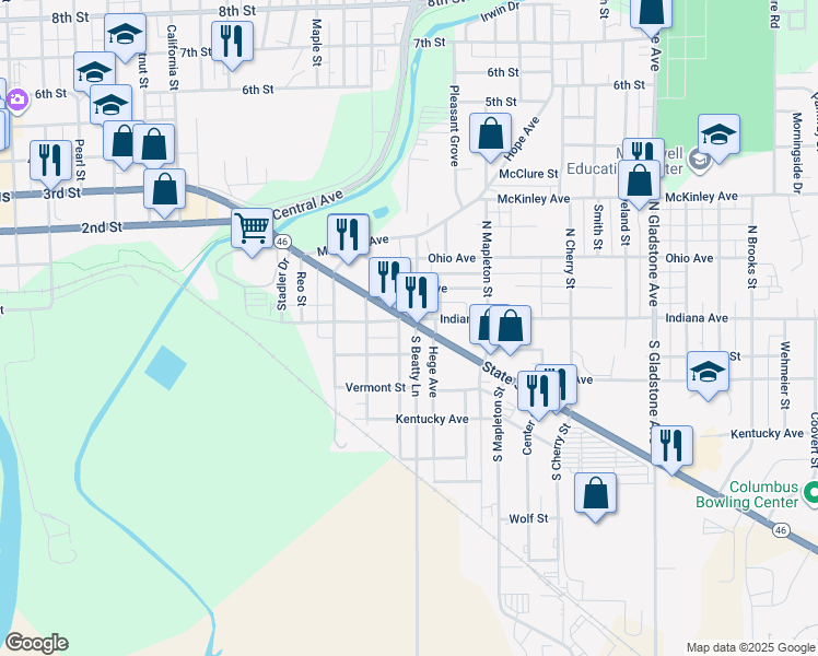 map of restaurants, bars, coffee shops, grocery stores, and more near 1912 Indiana Avenue in Columbus