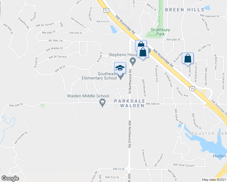 map of restaurants, bars, coffee shops, grocery stores, and more near 4524 Northwest 57th Street in Kansas City