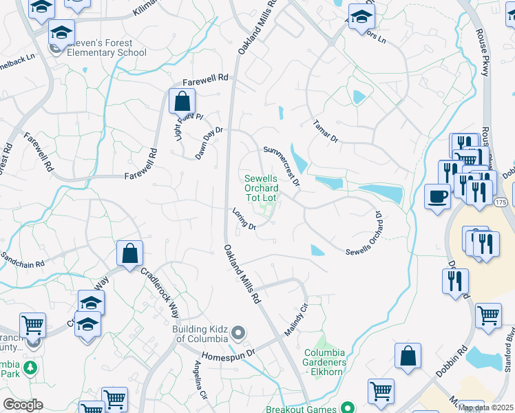 map of restaurants, bars, coffee shops, grocery stores, and more near 6322 Early Red Court in Columbia